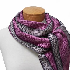 Purple and Pink Silk Scarf with Silver, Cream and Chocolate Stripes, Hand Woven Scarf in Silk and Tencel in Purple, Handwoven Scarf image 9