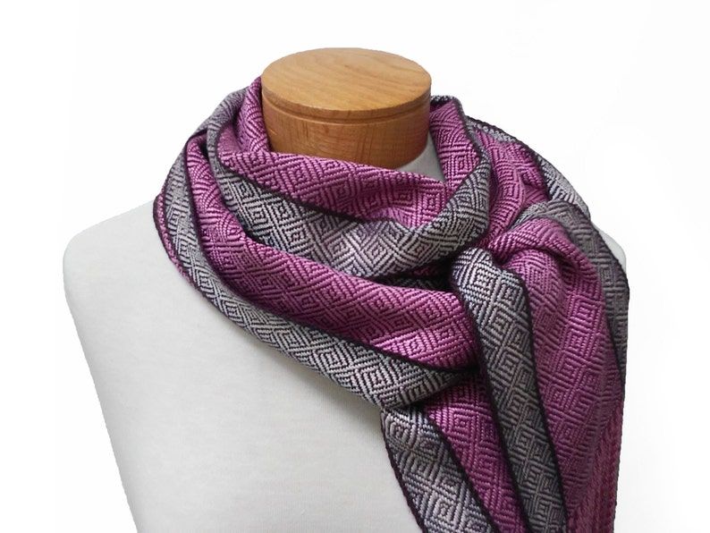 Purple and Pink Silk Scarf with Silver, Cream and Chocolate Stripes, Hand Woven Scarf in Silk and Tencel in Purple, Handwoven Scarf image 9