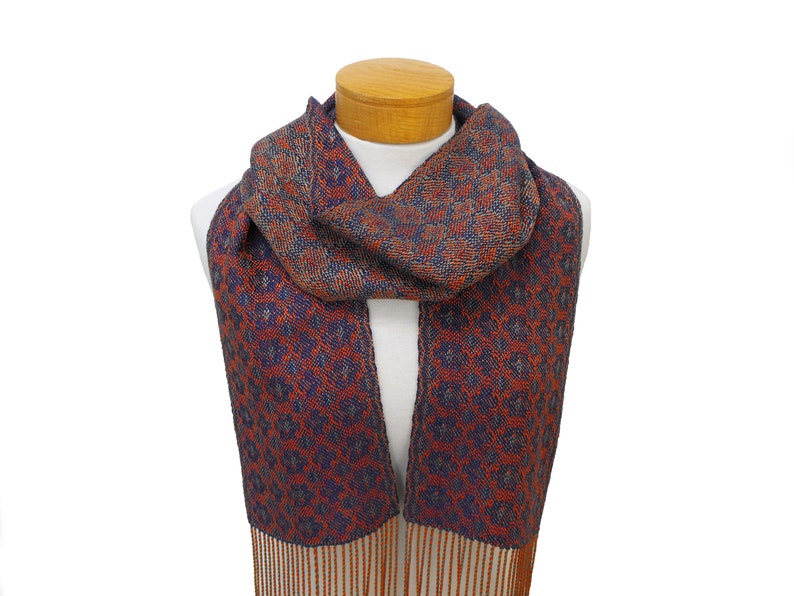 Iris Hand Woven Scarf, Blue Purple, Green and Orange Scarf Woven in Tencel, Flower Scarf, Blue Purple Scarf, Handwoven Scarf in Echo Weave image 5