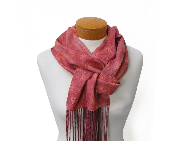 Coral and Plum Cotton Scarf, Hand Woven Scarf in Twill Diamonds Scarf, Handwoven Scarf, Coral Scarf Plum, Ladies Scarf, Lightweight Scarf image 5