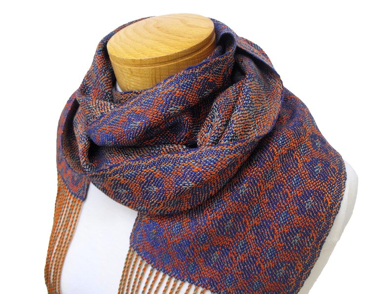 Iris Hand Woven Scarf, Blue Purple, Green and Orange Scarf Woven in Tencel, Flower Scarf, Blue Purple Scarf, Handwoven Scarf in Echo Weave image 1