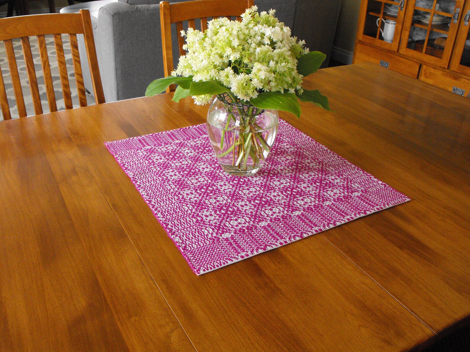 Magenta and White Table Runner Hand Woven Overshot Table Etsy