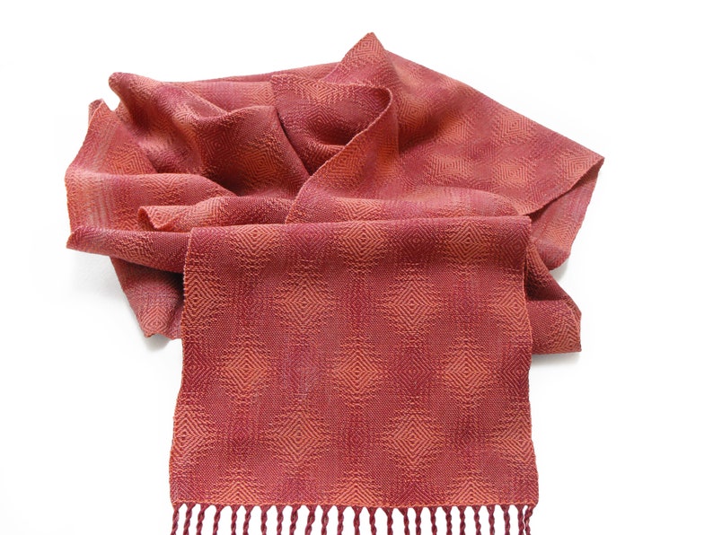 Coral and Plum Cotton Scarf, Hand Woven Scarf in Twill Diamonds Scarf, Handwoven Scarf, Coral Scarf Plum, Ladies Scarf, Lightweight Scarf image 2