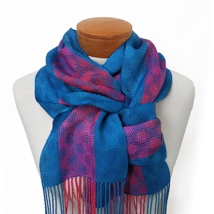 Pink, Orange and Blue Polka Dot Scarf, Hand Woven Tencel and Silk Scarf, Orange and Pink Silk with Blue Tencel Scarf, Handwoven Silk Scarf image 6