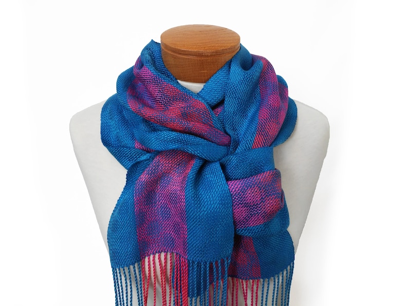 Pink, Orange and Blue Polka Dot Scarf, Hand Woven Tencel and Silk Scarf, Orange and Pink Silk with Blue Tencel Scarf, Handwoven Silk Scarf image 6