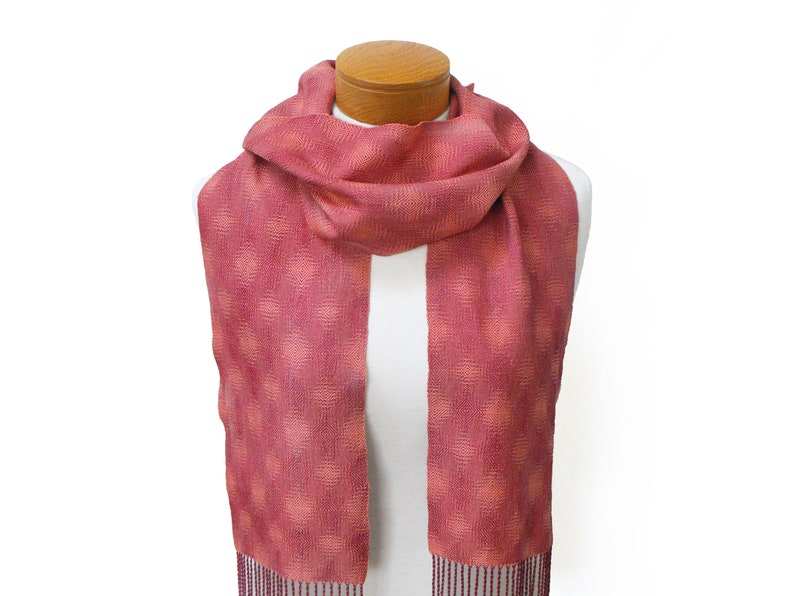 Coral and Plum Cotton Scarf, Hand Woven Scarf in Twill Diamonds Scarf, Handwoven Scarf, Coral Scarf Plum, Ladies Scarf, Lightweight Scarf image 6