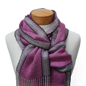 Purple and Pink Silk Scarf with Silver, Cream and Chocolate Stripes, Hand Woven Scarf in Silk and Tencel in Purple, Handwoven Scarf image 6