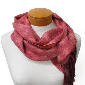 Coral and Plum Cotton Scarf, Hand Woven Scarf in Twill Diamonds Scarf, Handwoven Scarf, Coral Scarf Plum, Ladies Scarf, Lightweight Scarf image 8