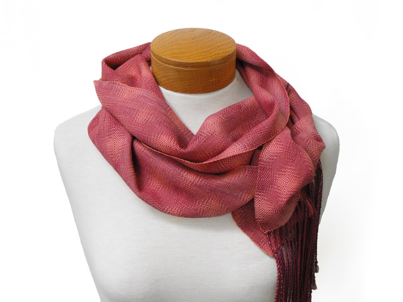 Coral and Plum Cotton Scarf, Hand Woven Scarf in Twill Diamonds Scarf, Handwoven Scarf, Coral Scarf Plum, Ladies Scarf, Lightweight Scarf image 8