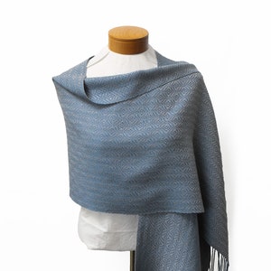 Silver and Blue Shawl, Handwoven Shawl, Blue and Silver Shawl, Cotton and Tencel Shawl Hand Woven Shawl Blue Wrap Silver, Blue Wedding Shawl image 3