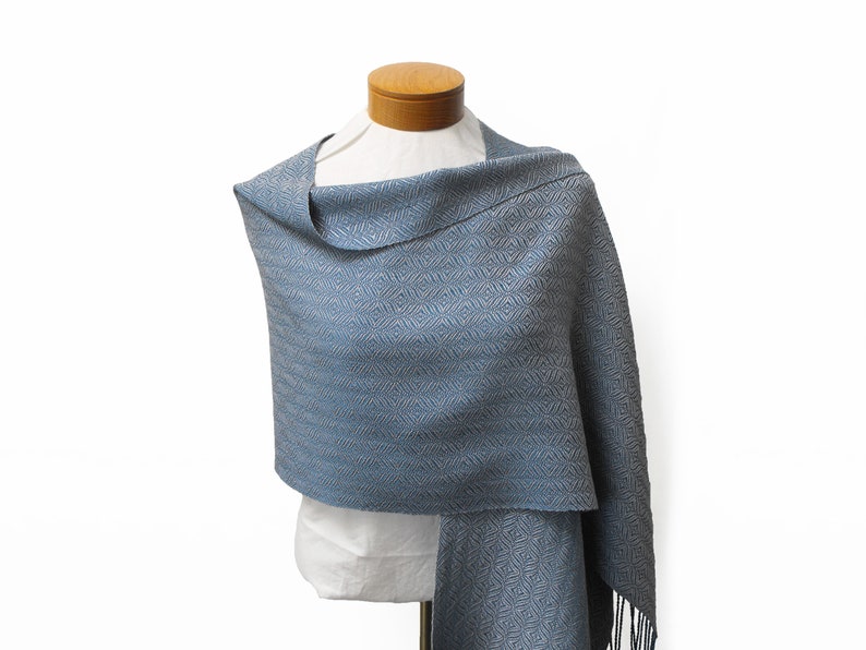 Silver and Blue Shawl, Handwoven Shawl, Blue and Silver Shawl, Cotton and Tencel Shawl Hand Woven Shawl Blue Wrap Silver, Blue Wedding Shawl image 3