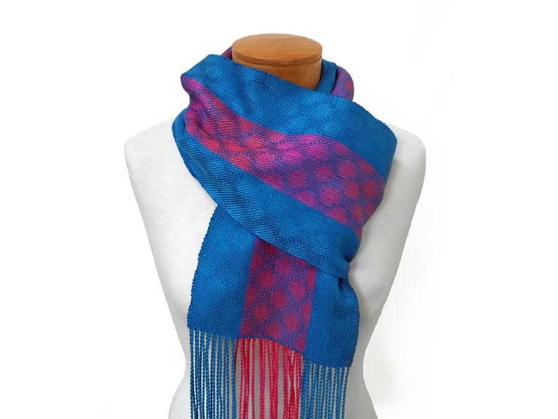 Pink, Orange and Blue Polka Dot Scarf, Hand Woven Tencel and Silk Scarf, Orange and Pink Silk with Blue Tencel Scarf, Handwoven Silk Scarf image 3