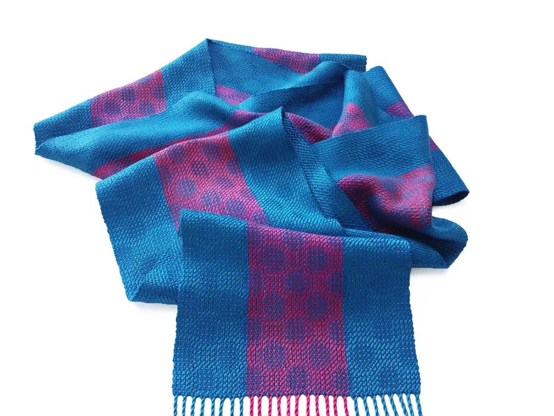 Pink, Orange and Blue Polka Dot Scarf, Hand Woven Tencel and Silk Scarf, Orange and Pink Silk with Blue Tencel Scarf, Handwoven Silk Scarf image 2