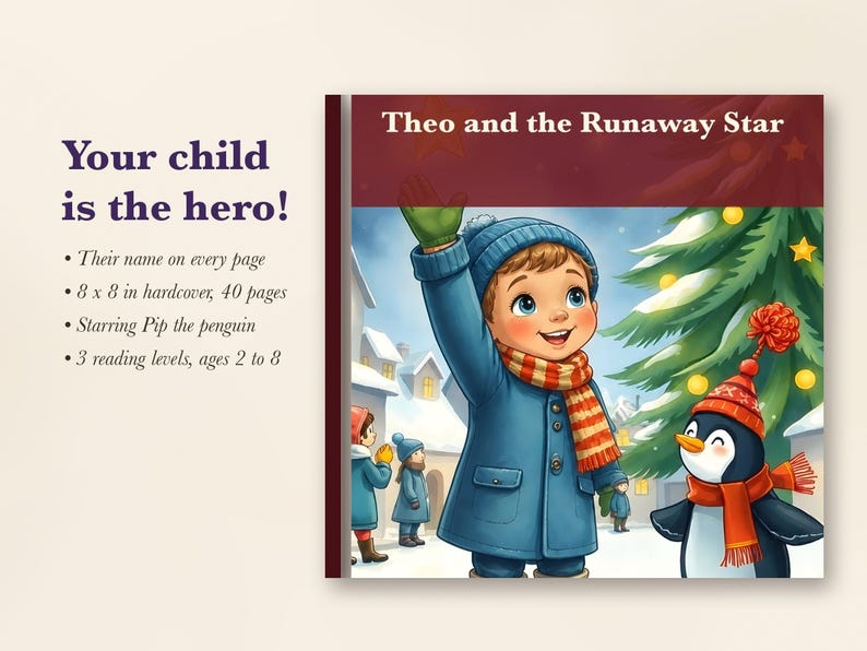 Pu&ograve; includere: Un libro con copertina rigida intitolato Theo and the Runaway Star, di 20,32 x 20,32 cm e 40 pagine. La copertina mostra un bambino con cappotto e berretto blu che saluta accanto a un pinguino con sciarpa rossa, con il testo Your child is the hero!