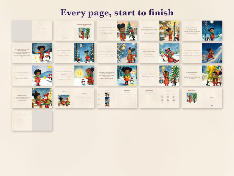 Pu&ograve; includere: Una raccolta di pagine di un libro intitolata Every page, start to finish, con illustrazioni di un bambino con cappotto rosso e sciarpa verde che interagisce con un pinguino in scenari invernali festivi e innevati.