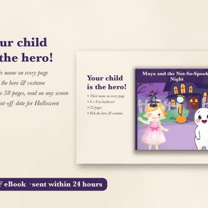 Può includere: Un libro con copertina rigida intitolato Maya and the Not-So-Spooky Night con un bambino in abito rosa e un personaggio fantasma bianco. La copertina mostra una casa stregata viola, un pipistrello su un cappello e una lente d'ingrandimento. 20,32 x 20,32 cm.