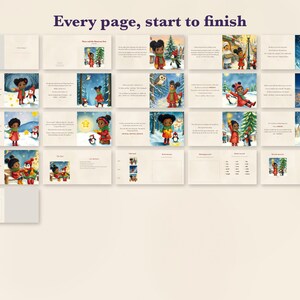 May include: A collection of book pages titled Every page, start to finish, featuring illustrations of a child in a red coat and green scarf interacting with a penguin in snowy, festive winter settings with stars, trees, and holiday lights.