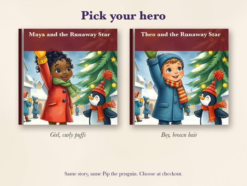 Pu&ograve; includere: Due copertine di libri intitolate Maya and the Runaway Star e Theo and the Runaway Star. Entrambe mostrano un bambino in abiti invernali che saluta accanto a un pinguino in un villaggio innevato con un albero di Natale. Testo: Pick your hero e Same story, same Pip the penguin. Choose at checkout.