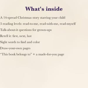 Pu&ograve; includere: Un elenco intitolato What's inside che descrive le caratteristiche di un libro: una storia di Natale di 14 doppie pagine, 3 livelli di lettura, domande di discussione, esercizi di narrazione, parole da colorare e una pagina di propriet&agrave;.