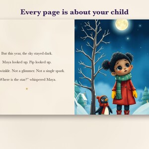 May include: A children's book page featuring the text 'Every page is about your child' and a story excerpt. The illustration shows a child in a red coat and green scarf standing with a penguin in a snowy landscape under a full moon.
