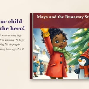 Pu&ograve; includere: Un libro per bambini con copertina rigida intitolato Maya and the Runaway Star, di 20,32 x 20,32 cm e 40 pagine. La copertina mostra un bambino con cappotto rosso e sciarpa verde che saluta accanto a un pinguino con berretto rosso vicino a un albero.