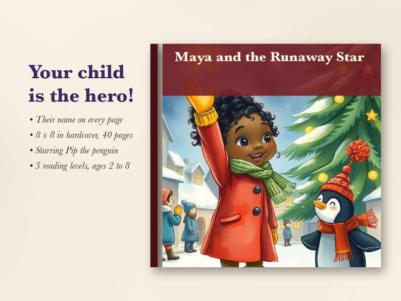 Pu&ograve; includere: Un libro per bambini con copertina rigida intitolato Maya and the Runaway Star, di 20,32 x 20,32 cm e 40 pagine. La copertina mostra un bambino con cappotto rosso e sciarpa verde che saluta accanto a un pinguino con berretto rosso vicino a un albero.