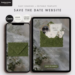 May include: A digital Save the Date website template for mobile and tablet displays featuring a dark green lace envelope graphic, white floral accents, and the names Sylvie & Aiden with the text Save the Date and Share Your Address.