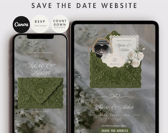 Digitale Save-the-Date-Vorlage in Olivgrün | Bearbeitbare Canva-Hochzeitseinladung mit RSVP-Funktion und Countdown-Timer | Sofort-Download