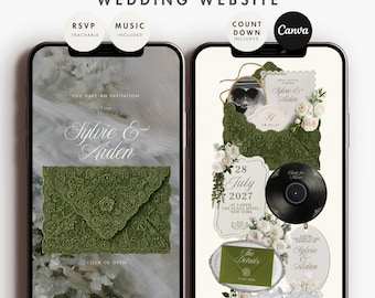 May include: A 5-page editable wedding website template for Canva displayed on two smartphones. The design features a green lace envelope, white floral accents, and text including Sylvie & Aiden, 28 July 2027, RSVP, and music options.