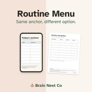 Puede incluir: Una herramienta de planificación Routine Menu con el texto 'Routine Menu' y 'Same anchor, different option.' La imagen muestra una pantalla de smartphone con 'Today's anchors' y una hoja impresa titulada 'Anchors and options' con columnas.