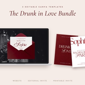 Puede incluir: Un conjunto de tres plantillas editables de Canva tituladas The Drunk in Love Bundle. La imagen muestra una pantalla de portátil con una invitación blanca en un sobre rojo oscuro, junto a dos tarjetas impresas con diseños.