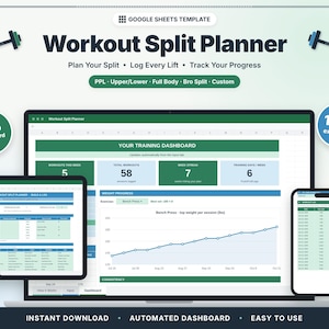 Workout Split Planner Spreadsheet Gym Workout Tracker Google Sheets Template Weightlifting Log Progress Tracker 110+ Exercise Plan