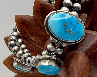 CAVIAR DREAMS Vintage Navajo Pearl Sterling Silver Natural Blue Ridge Turquoise Samson Edsitty Bracelet - 8 1/2”