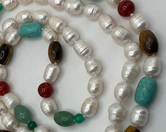 CAVIAR DREAMS Vintage Hand Knotted Genuine Freshwater Pearl Turquoise Carnelian Tigers Eye Chalcedony Necklace - 48”