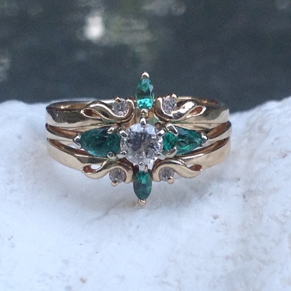 CAVIAR DREAMS Estate 14K Yellow Gold Over 1ct Emerald and Diamond Bridal Wedding Wrap Engagement Ring Set - Size 9 1/4 Etsy andersonhs