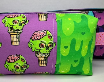 Purple and Lime Green Zombie + Lime Slime Boxy Bag with Handle. Faux Suede Zipper Pull. Cosmetic Bag with Boxed Bottom.