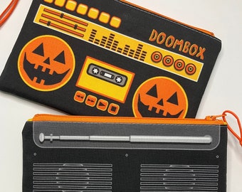 Jack-O-Lantern DOOMBOX Zipper Pouch. A Sweet October custom design! 5x8 inches. Halloween Boombox Bag. Tarot Card + Dice Storage. Pen Pouch.