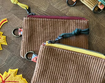 Cozy Corduroy + Calico with Vintage ‘70s Fabric. Oak Coin Pouch with Metal Zipper and D-Ring + Paracord Zip Pull. Fall/Autumn Zip Pouches.