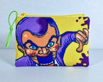 Vintage Goosebumps Zipper Pouch. 4 x 6 inches. Slappy and Curly the Skeleton. 90's Kids. ID + Coin Pouch. Lime Green, Purple.