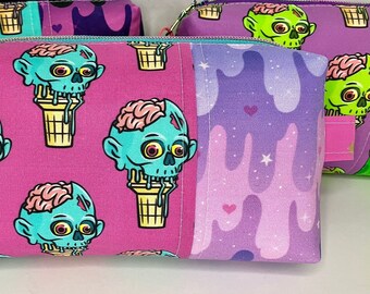 Pink and Aqua Zombie Ice Cream + Pastel Slime Boxy Bag with Handle. Faux Suede Zipper Pull. Cosmetic Bag with Boxed Bottom.