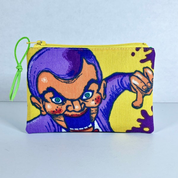 Vintage Goosebumps Zipper Pouch. 4 x 6 inches. Slappy and Curly the Skeleton. 90's Kids. ID + Coin Pouch. Lime Green, Purple.