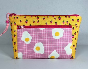 Fried Eggs and Strawberries Double Zip Pouch. Faux Suede Zip Pull with Acrylic Candy Bead. Ruby Star Society Makeup, Marker, Cosmetic Bag.