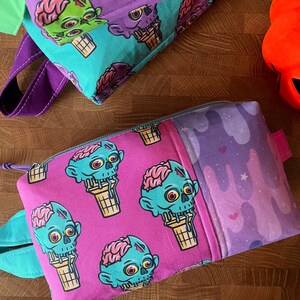 Fuchsia Zombie Ice Cream Cones + Pastel Slime Boxy Bag with Handle. Cosmetic Bag with Boxed Bottom.