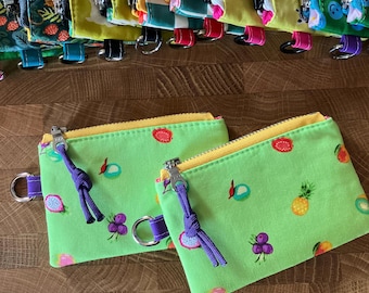 Fruity Coin Pouch with Metal Zipper and D-Ring + Paracord Zip Pull. Tula Pink: Daydreamer, Forbidden Fruit.