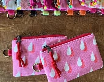 Pink Raindrops Coin Pouch with Metal Zipper and D-Ring + Paracord Zip Pull. OOP Cotton + Steel: Panorama.