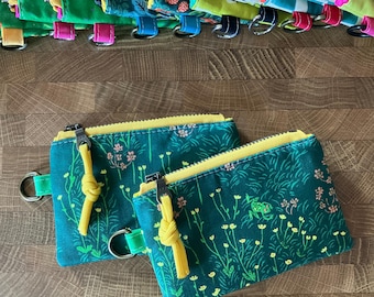 Frogies and Flowers Coin Pouch with Metal Zipper and D-Ring + Paracord Zip Pull. Heather Ross: West Hill.