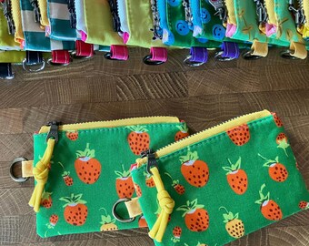 Green Strawberries Coin Pouch with Metal Zipper and D-Ring + Paracord Zip Pull. Heather Ross: Studio Edit.
