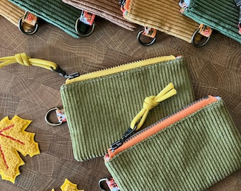 Cozy Corduroy + Calico with Vintage ‘70s Fabric. Sage Coin Pouch with Metal Zipper and D-Ring + Paracord Zip Pull. Fall/Autumn Zip Pouches.
