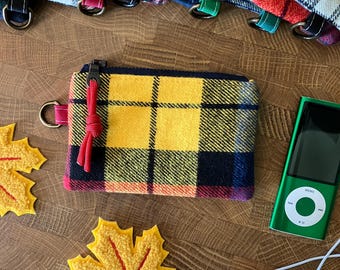 Cozy Plaid Flannel Coin Pouch with Metal Zipper and D-Ring + Paracord Zip Pull. Fall/Autumn Zip Pouches.