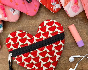 Padded + Quilted Heart-Shaped Zipper Pouch. "Scandi Strawberries" by Kobayashi. Fabric From Japan.